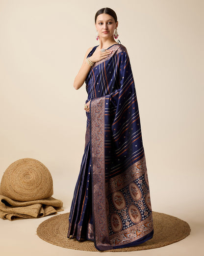 Dwija Fashion Deep Navy Blue Party Wear Golden Silver Jari Work Pure Jacquard Saree With Unstitched Blouse