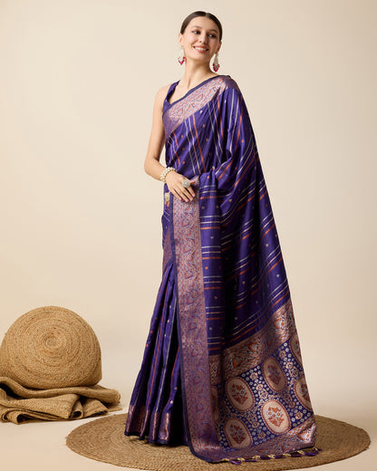 Dwija Fashion Blue Party Wear Golden Silver Jari Work Pure Jacquard Saree With Unstitched Blouse