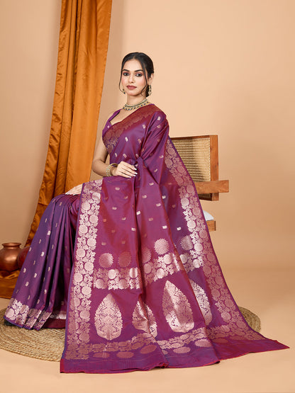 Dwija Fashion Wine Party Wear Banarsi Silk With Jari Weaving Work Saree With Unstitched Blouse
