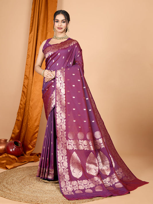 Dwija Fashion Wine Party Wear Banarsi Silk With Jari Weaving Work Saree With Unstitched Blouse