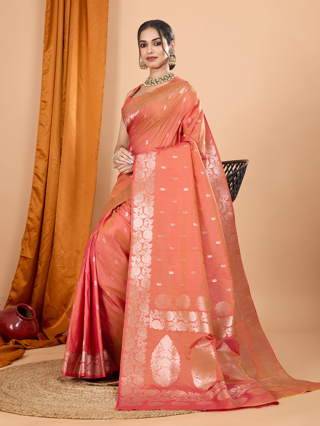 Dwija Fashion Peach Party Wear Banarsi Silk With Jari Weaving Work Saree With Unstitched Blouse