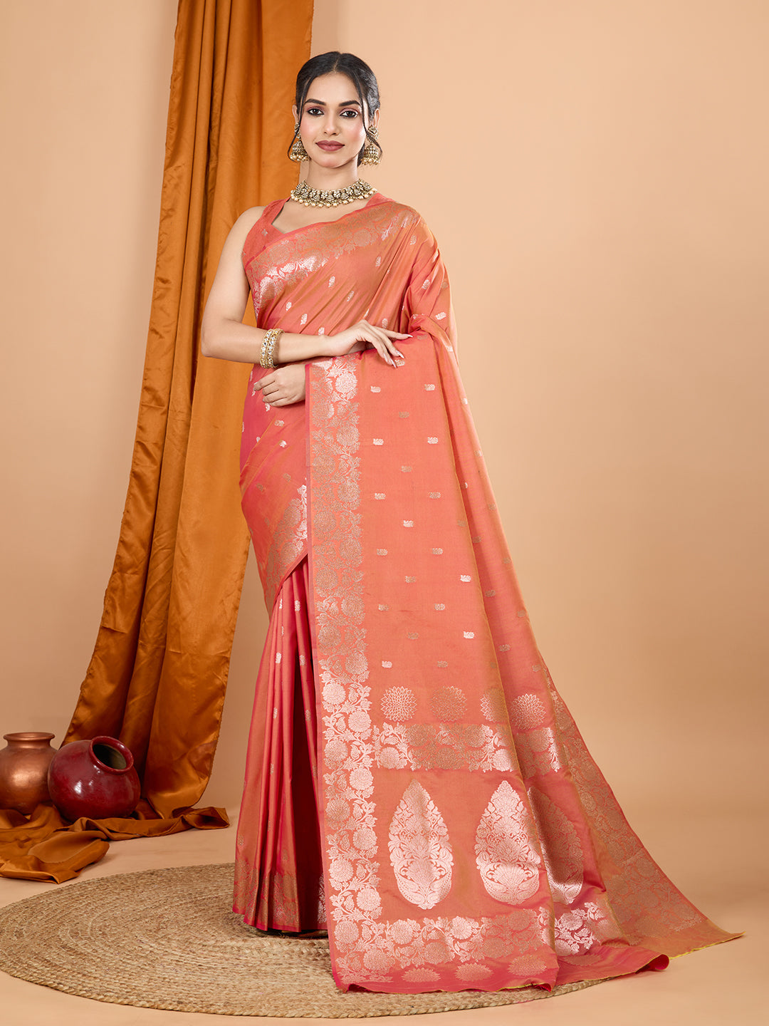 Dwija Fashion Peach Party Wear Banarsi Silk With Jari Weaving Work Saree With Unstitched Blouse