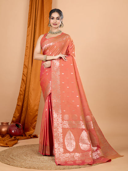 Dwija Fashion Peach Party Wear Banarsi Silk With Jari Weaving Work Saree With Unstitched Blouse