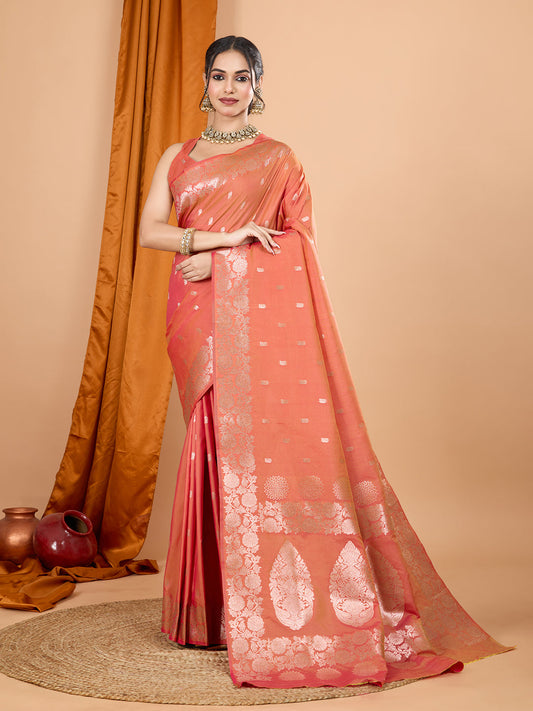Dwija Fashion Peach Party Wear Banarsi Silk With Jari Weaving Work Saree With Unstitched Blouse