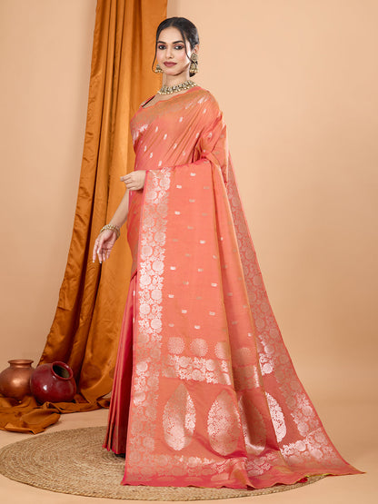 Dwija Fashion Peach Party Wear Banarsi Silk With Jari Weaving Work Saree With Unstitched Blouse