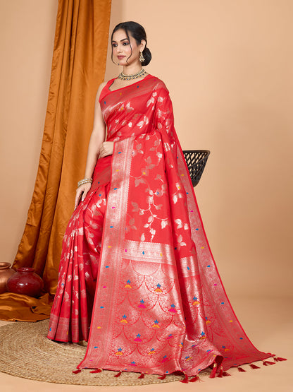 Dwija Fashion Red Party Wear Banarsi Silk With Jari Weaving Work Saree With Unstitched Blouse