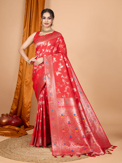 Dwija Fashion Red Party Wear Banarsi Silk With Jari Weaving Work Saree With Unstitched Blouse