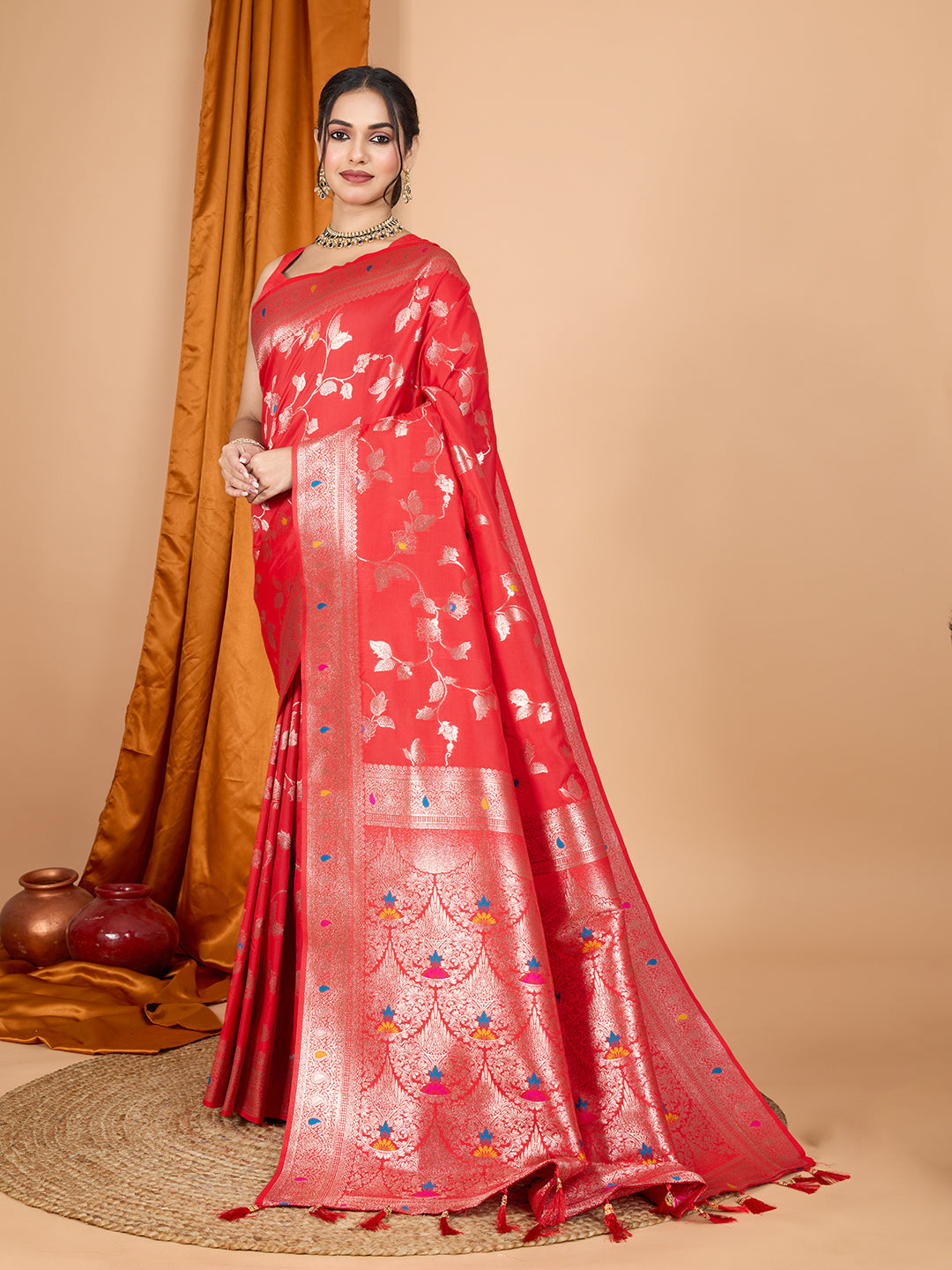 Dwija Fashion Red Party Wear Banarsi Silk With Jari Weaving Work Saree With Unstitched Blouse