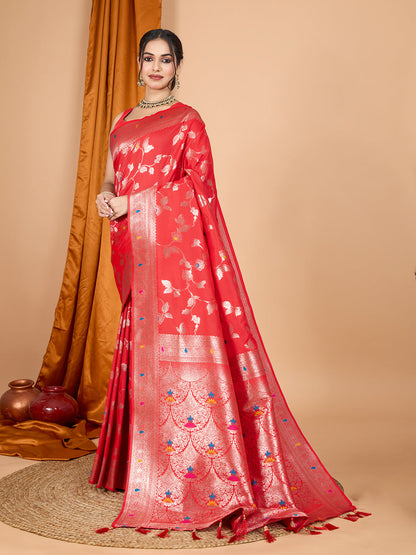 Dwija Fashion Red Party Wear Banarsi Silk With Jari Weaving Work Saree With Unstitched Blouse