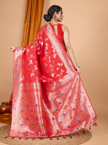 Dwija Fashion Red Party Wear Banarsi Silk With Jari Weaving Work Saree With Unstitched Blouse