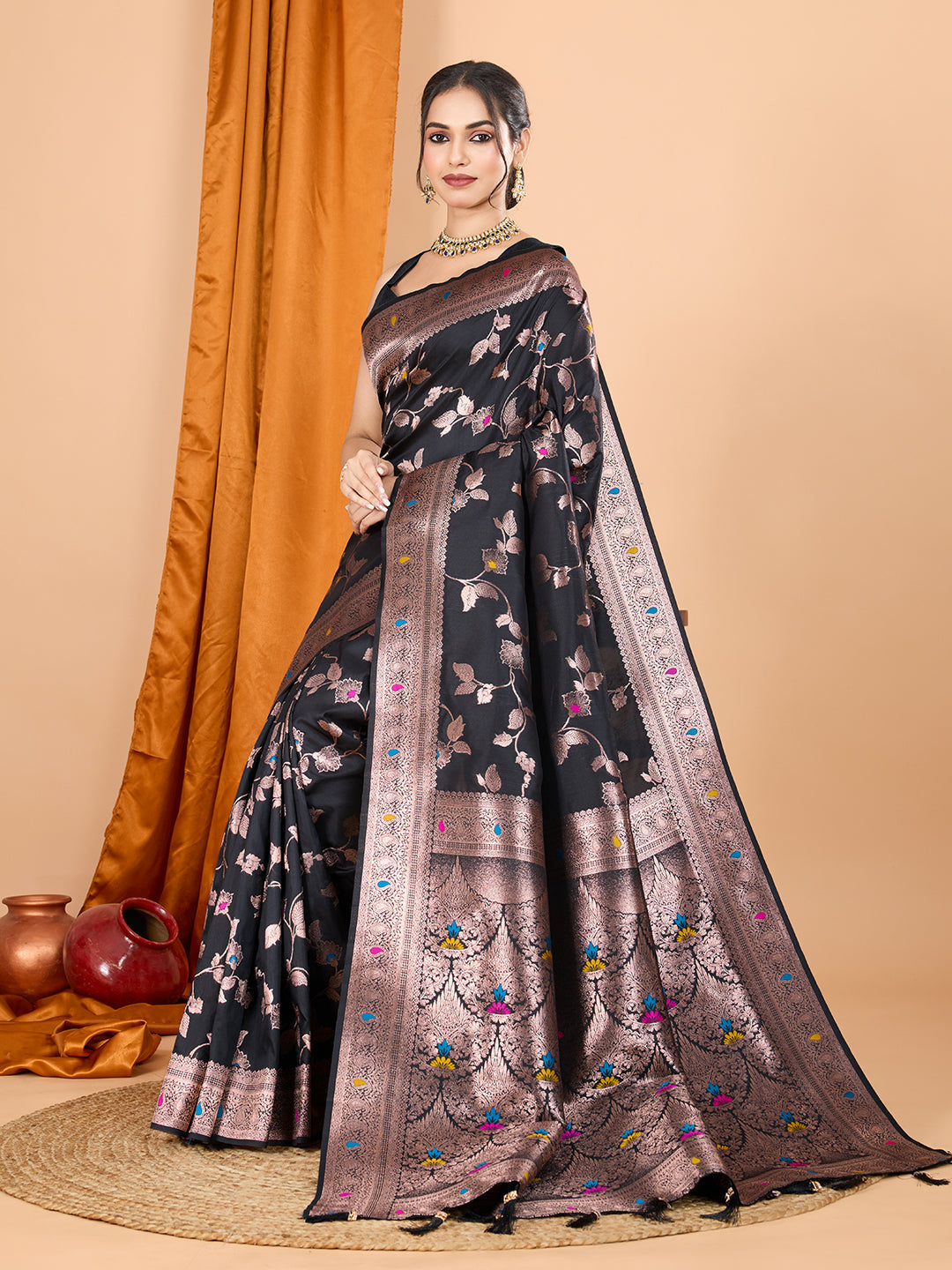 Dwija Fashion Black Party Wear Banarsi Silk With Jari Weaving Work Saree With Unstitched Blouse