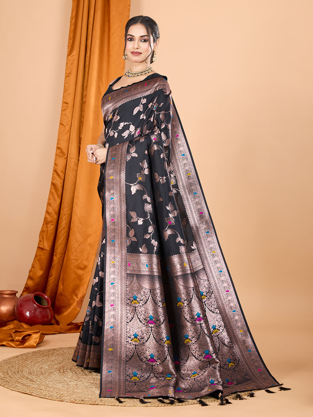 Dwija Fashion Black Party Wear Banarsi Silk With Jari Weaving Work Saree With Unstitched Blouse