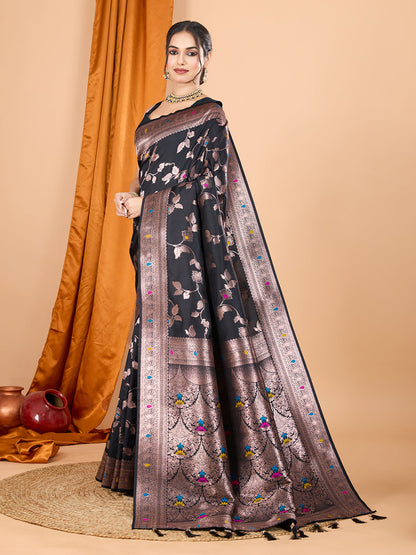 Dwija Fashion Black Party Wear Banarsi Silk With Jari Weaving Work Saree With Unstitched Blouse