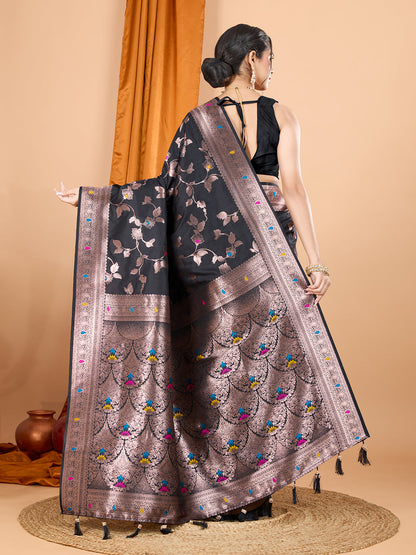Dwija Fashion Black Party Wear Banarsi Silk With Jari Weaving Work Saree With Unstitched Blouse