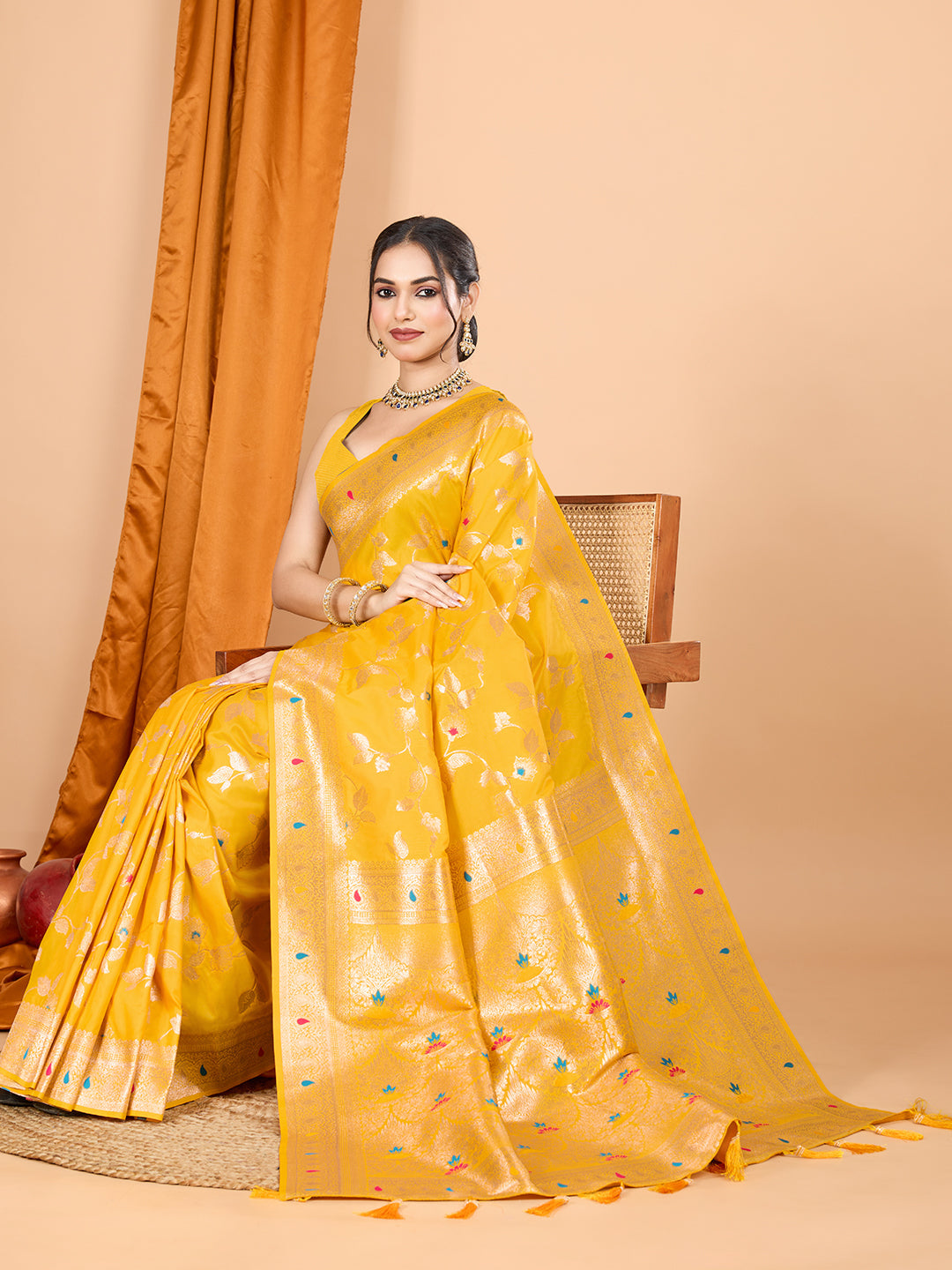 Dwija Fashion Yellow Party Wear Banarsi Silk With Jari Weaving Work Saree With Unstitched Blouse