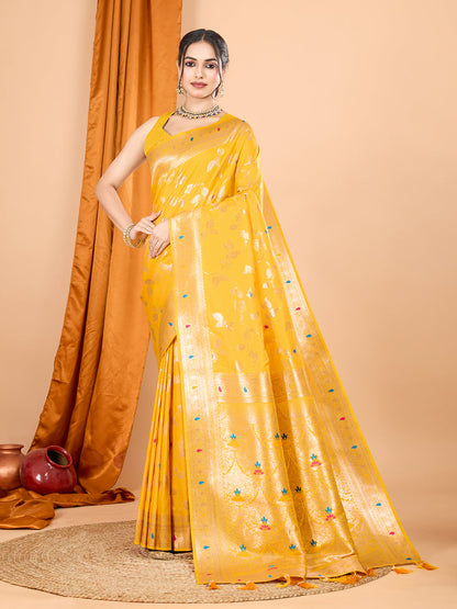 Dwija Fashion Yellow Party Wear Banarsi Silk With Jari Weaving Work Saree With Unstitched Blouse