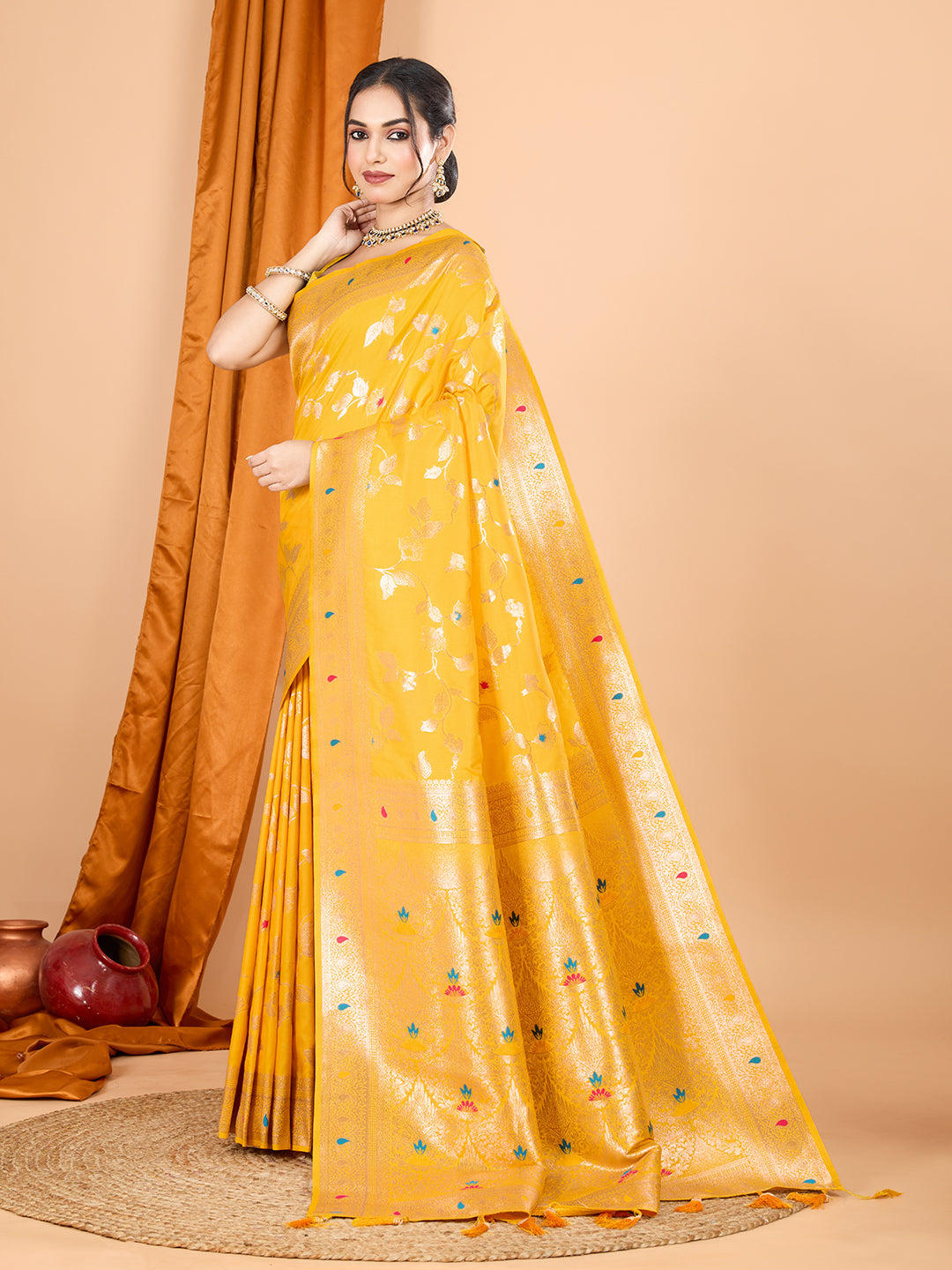 Dwija Fashion Yellow Party Wear Banarsi Silk With Jari Weaving Work Saree With Unstitched Blouse