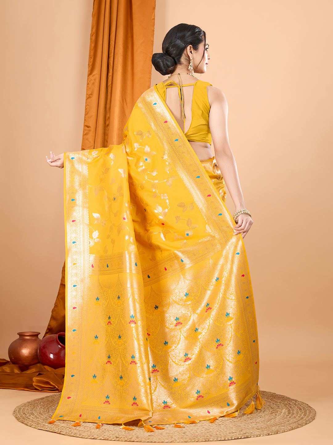 Dwija Fashion Yellow Party Wear Banarsi Silk With Jari Weaving Work Saree With Unstitched Blouse