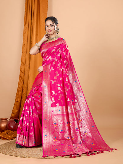 Dwija Fashion Pink Party Wear Banarsi Silk With Jari Weaving Work Saree With Unstitched Blouse
