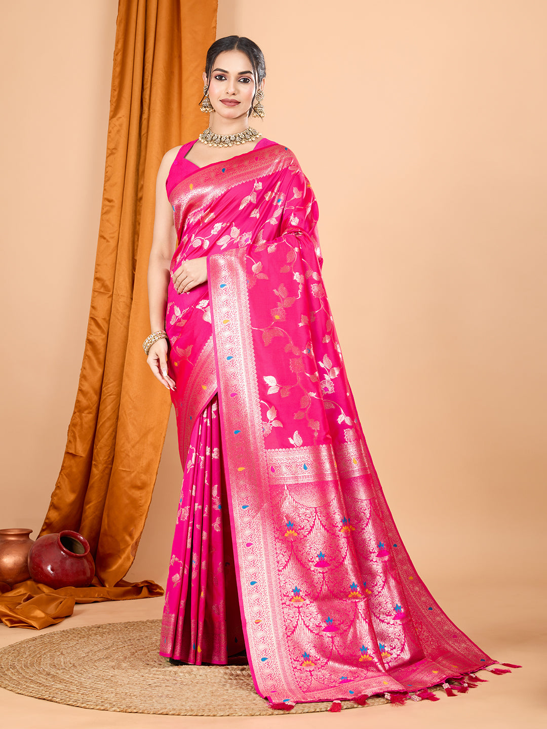 Dwija Fashion Pink Party Wear Banarsi Silk With Jari Weaving Work Saree With Unstitched Blouse