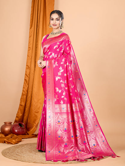 Dwija Fashion Pink Party Wear Banarsi Silk With Jari Weaving Work Saree With Unstitched Blouse