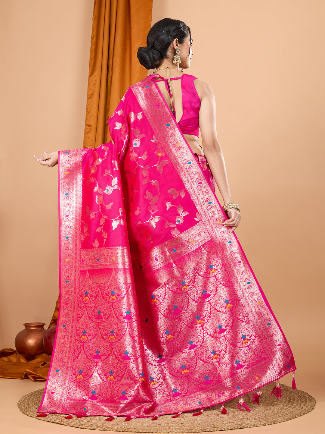 Dwija Fashion Pink Party Wear Banarsi Silk With Jari Weaving Work Saree With Unstitched Blouse