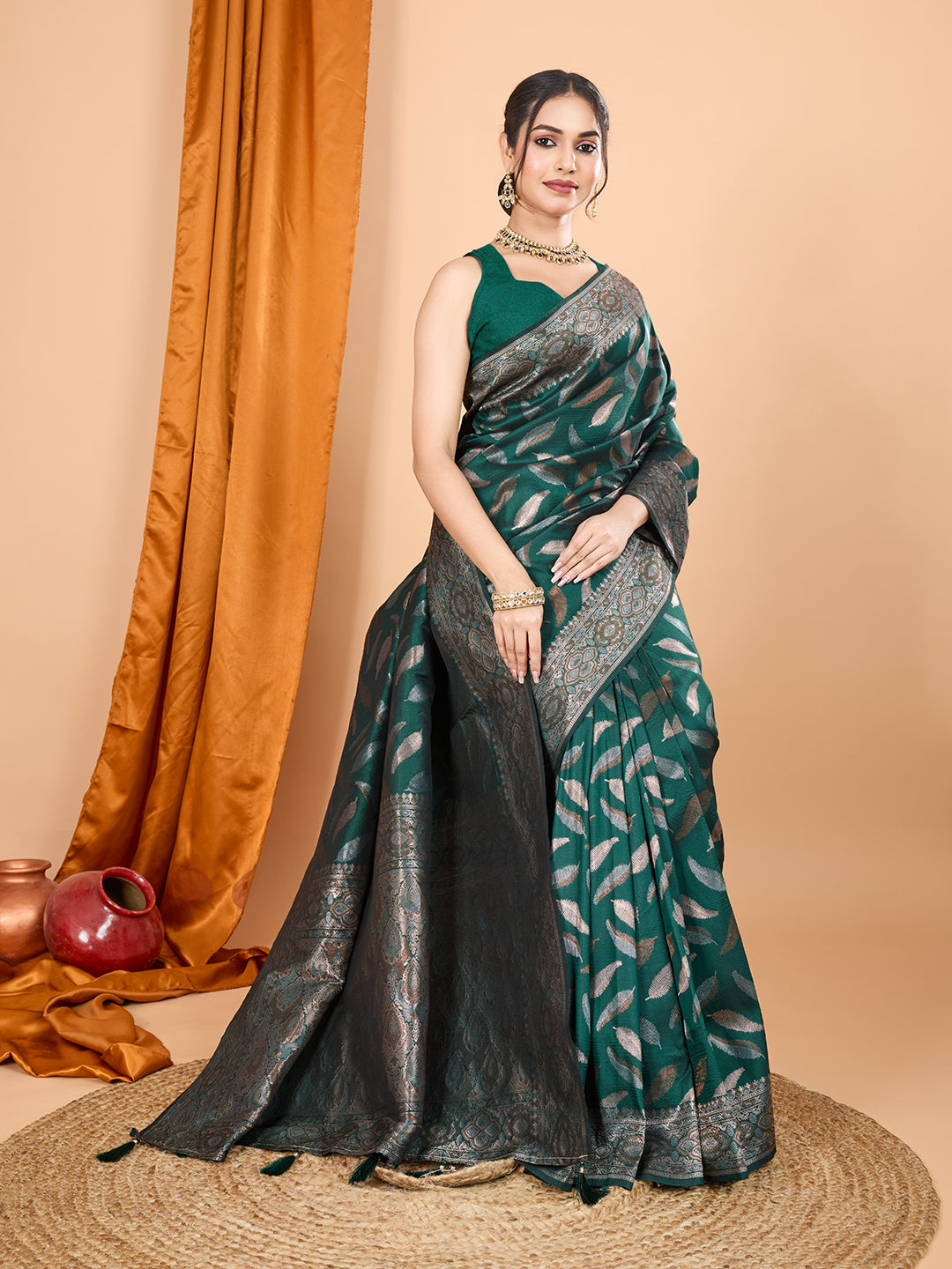 Dwija Fashion Deep Green Wedding Wear Pure Silk Jari Weaving Work Saree With Unstitched Blouse