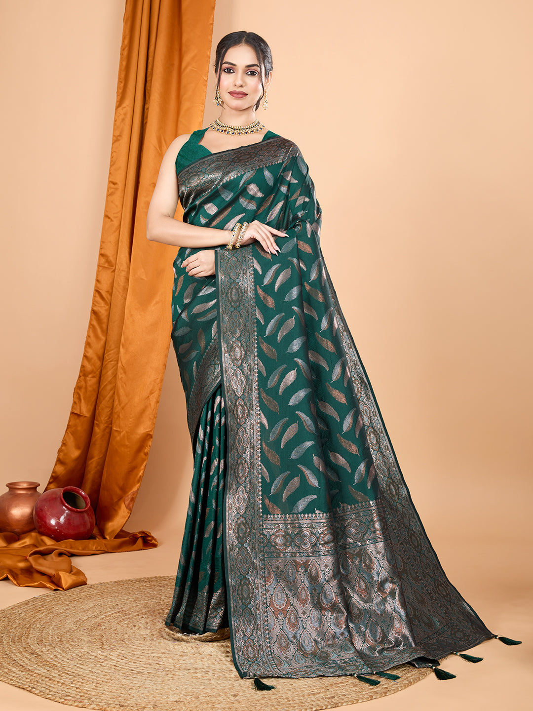 Dwija Fashion Deep Green Wedding Wear Pure Silk Jari Weaving Work Saree With Unstitched Blouse