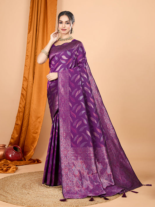 Dwija Fashion Purple Wedding Wear Pure Silk Jari Weaving Work Saree With Unstitched Blouse