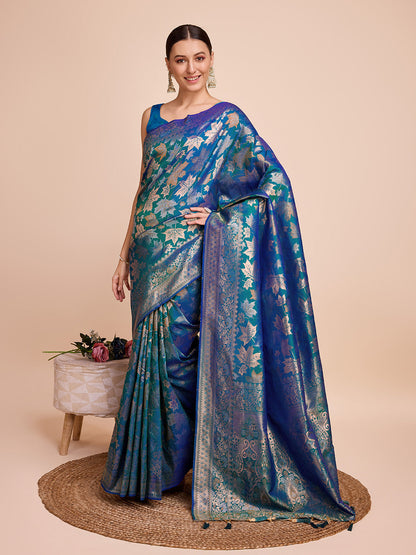 Dwija Fashion Teal Green Wedding Wear Pure Silk Jari Weaving Work Saree With Unstitched Blouse