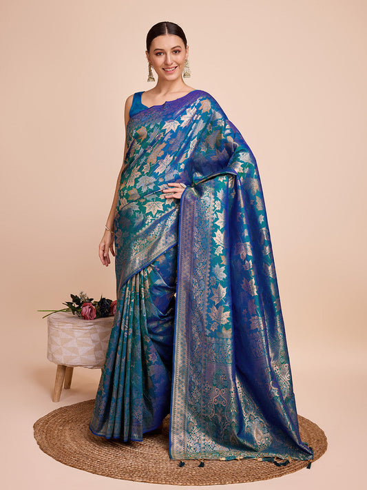 Dwija Fashion Teal Green Wedding Wear Pure Silk Jari Weaving Work Saree With Unstitched Blouse