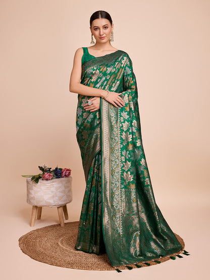 Dwija Fashion Green Wedding Wear Pure Silk Jari Weaving Work Saree With Unstitched Blouse