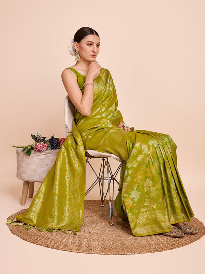 Dwija Fashion Pastel Green Wedding Wear Pure Silk Jari Weaving Work Saree With Unstitched Blouse