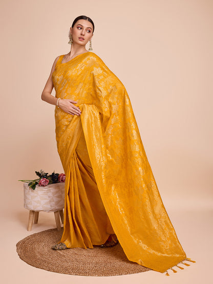 Dwija Fashion Rusty Yellow Wedding Wear Pure Silk Jari Weaving Work Saree With Unstitched Blouse