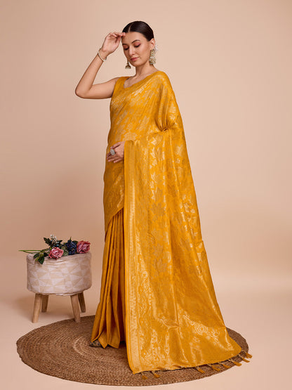 Dwija Fashion Rusty Yellow Wedding Wear Pure Silk Jari Weaving Work Saree With Unstitched Blouse