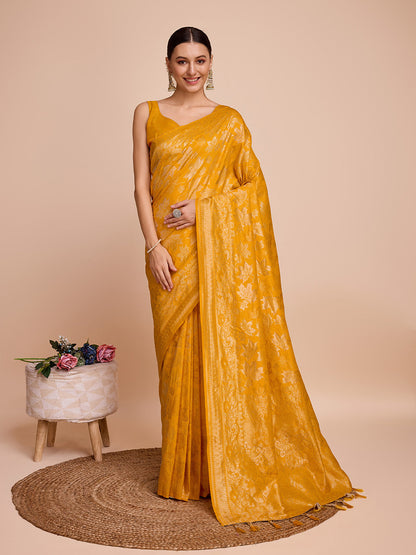 Dwija Fashion Rusty Yellow Wedding Wear Pure Silk Jari Weaving Work Saree With Unstitched Blouse