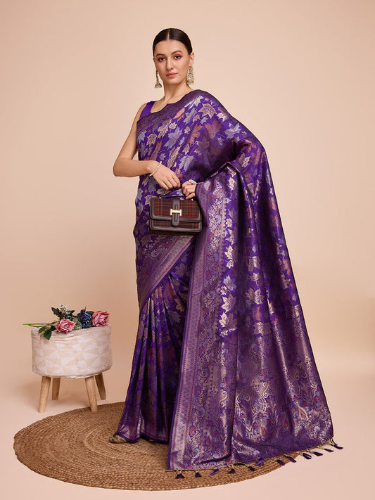 Dwija Fashion Royal Purple Wedding Wear Pure Silk Jari Weaving Work Saree With Unstitched Blouse