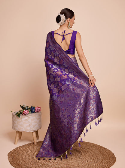 Dwija Fashion Royal Purple Wedding Wear Pure Silk Jari Weaving Work Saree With Unstitched Blouse