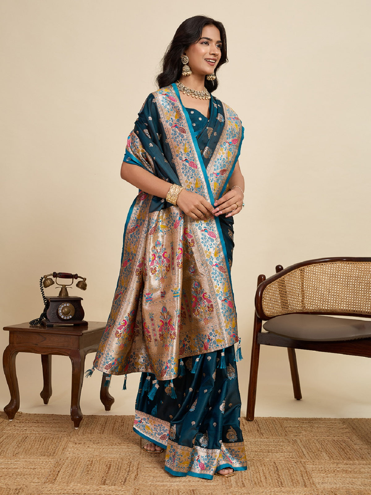 Dwija Fashion Teal Blue Wedding Wear Satin Jari Work Saree With Unstitched Blouse