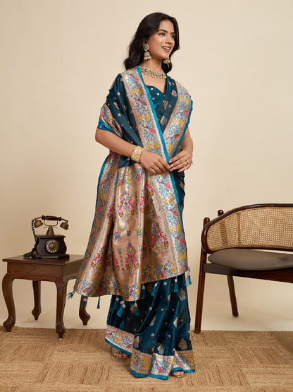 Dwija Fashion Teal Blue Wedding Wear Satin Jari Work Saree With Unstitched Blouse