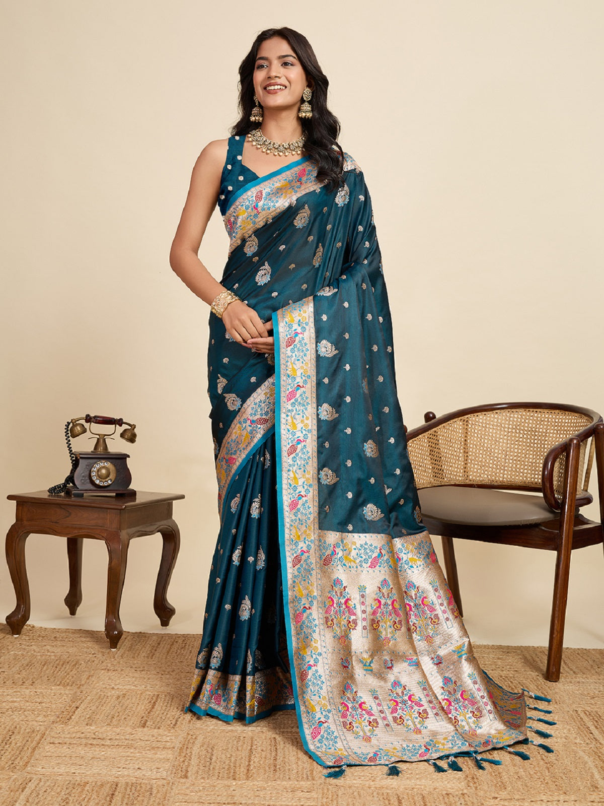 Dwija Fashion Teal Blue Wedding Wear Satin Jari Work Saree With Unstitched Blouse