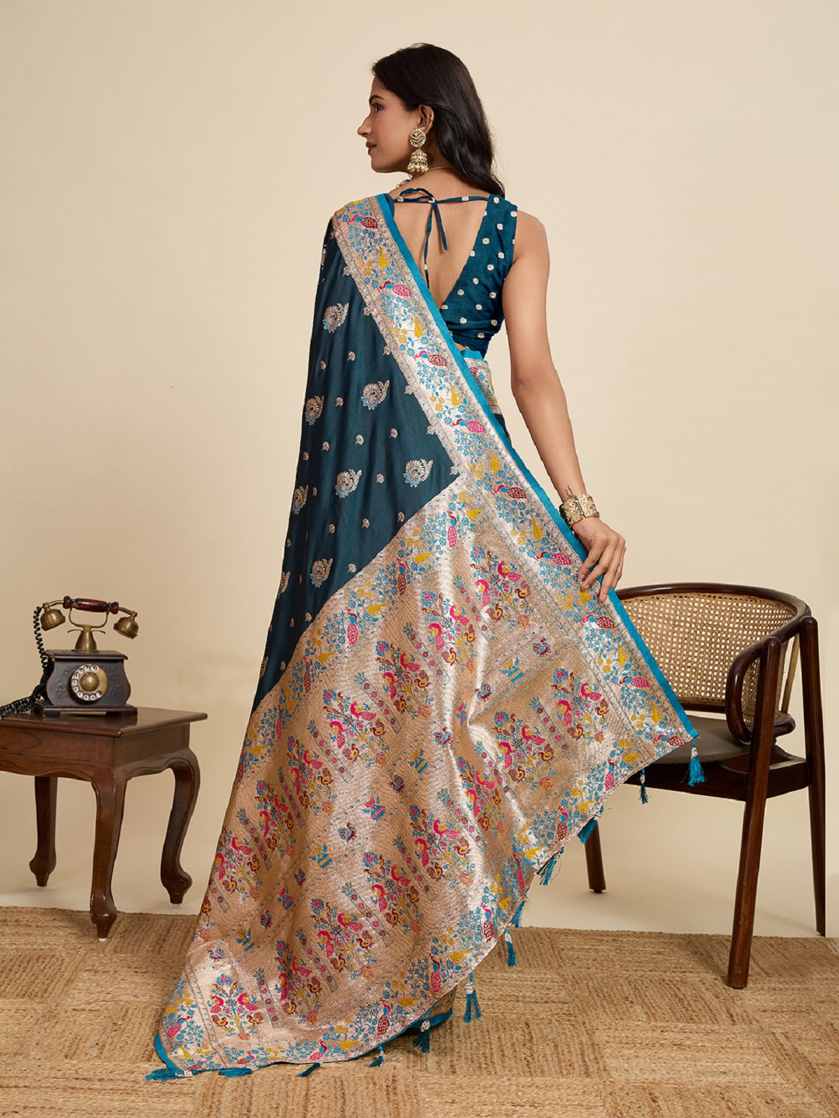 Dwija Fashion Teal Blue Wedding Wear Satin Jari Work Saree With Unstitched Blouse