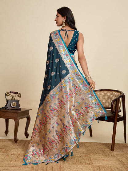 Dwija Fashion Teal Blue Wedding Wear Satin Jari Work Saree With Unstitched Blouse