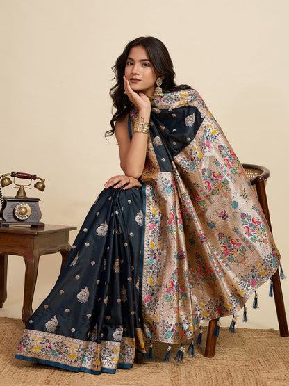 Dwija Fashion Black Wedding Wear Satin Jari Work Saree With Unstitched Blouse