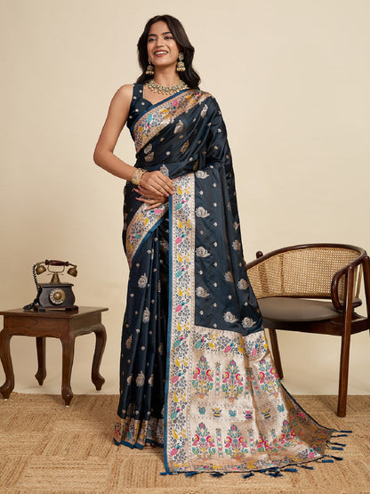 Dwija Fashion Black Wedding Wear Satin Jari Work Saree With Unstitched Blouse