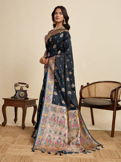 Dwija Fashion Black Wedding Wear Satin Jari Work Saree With Unstitched Blouse