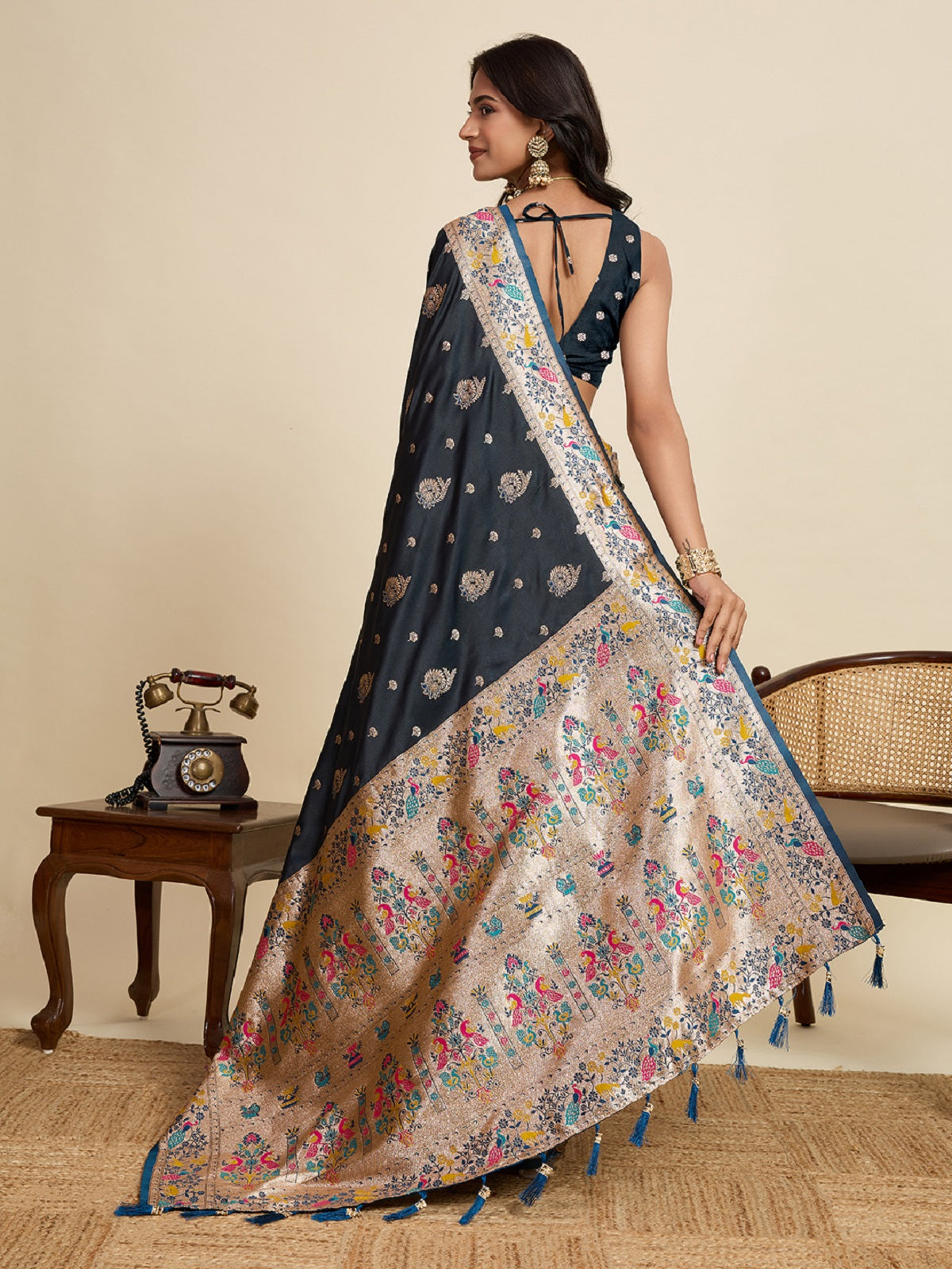 Dwija Fashion Black Wedding Wear Satin Jari Work Saree With Unstitched Blouse