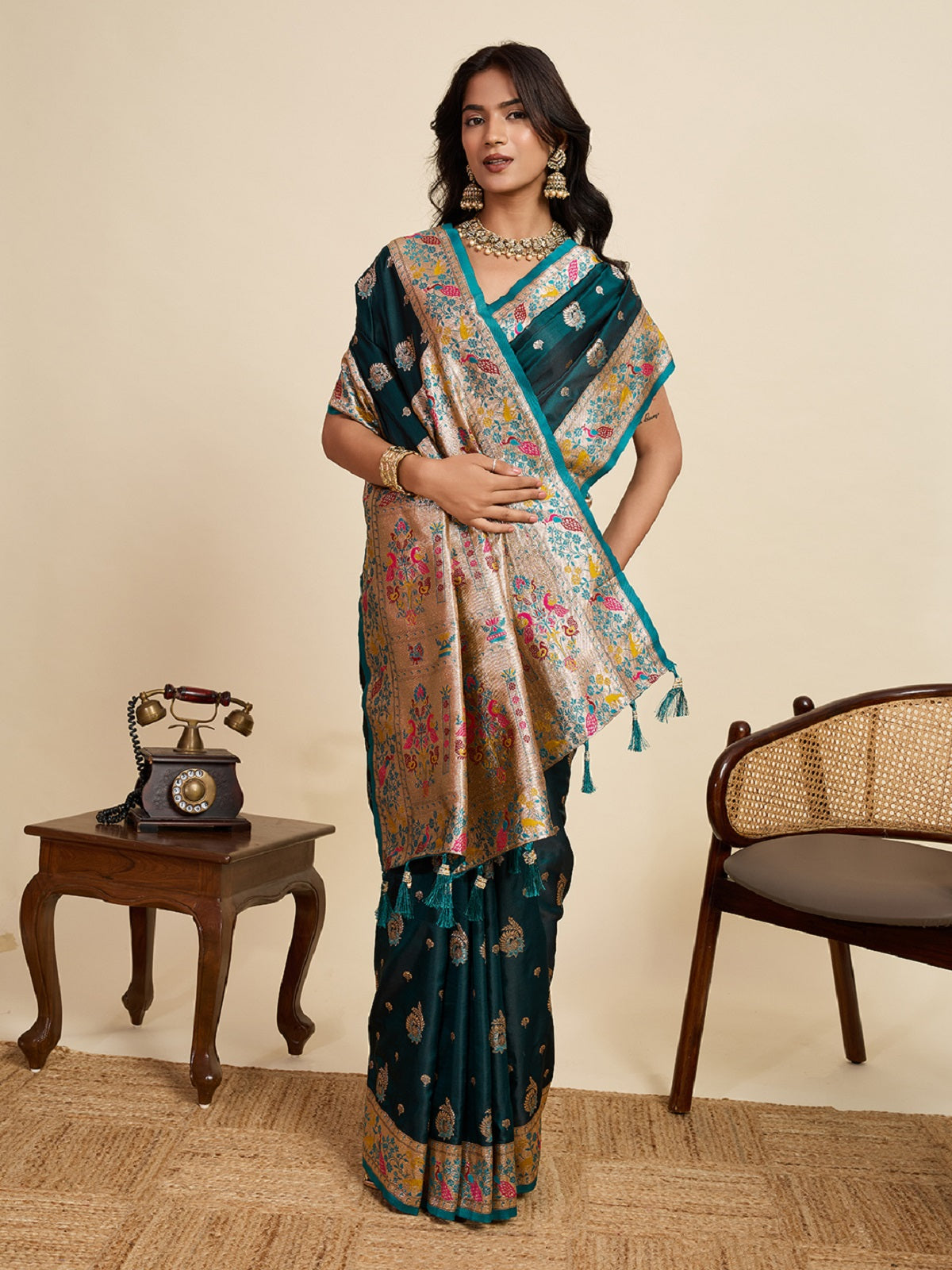Dwija Fashion Deep Green Wedding Wear Satin Jari Work Saree With Unstitched Blouse