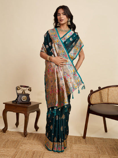 Dwija Fashion Deep Green Wedding Wear Satin Jari Work Saree With Unstitched Blouse