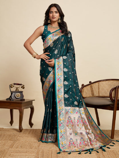 Dwija Fashion Deep Green Wedding Wear Satin Jari Work Saree With Unstitched Blouse
